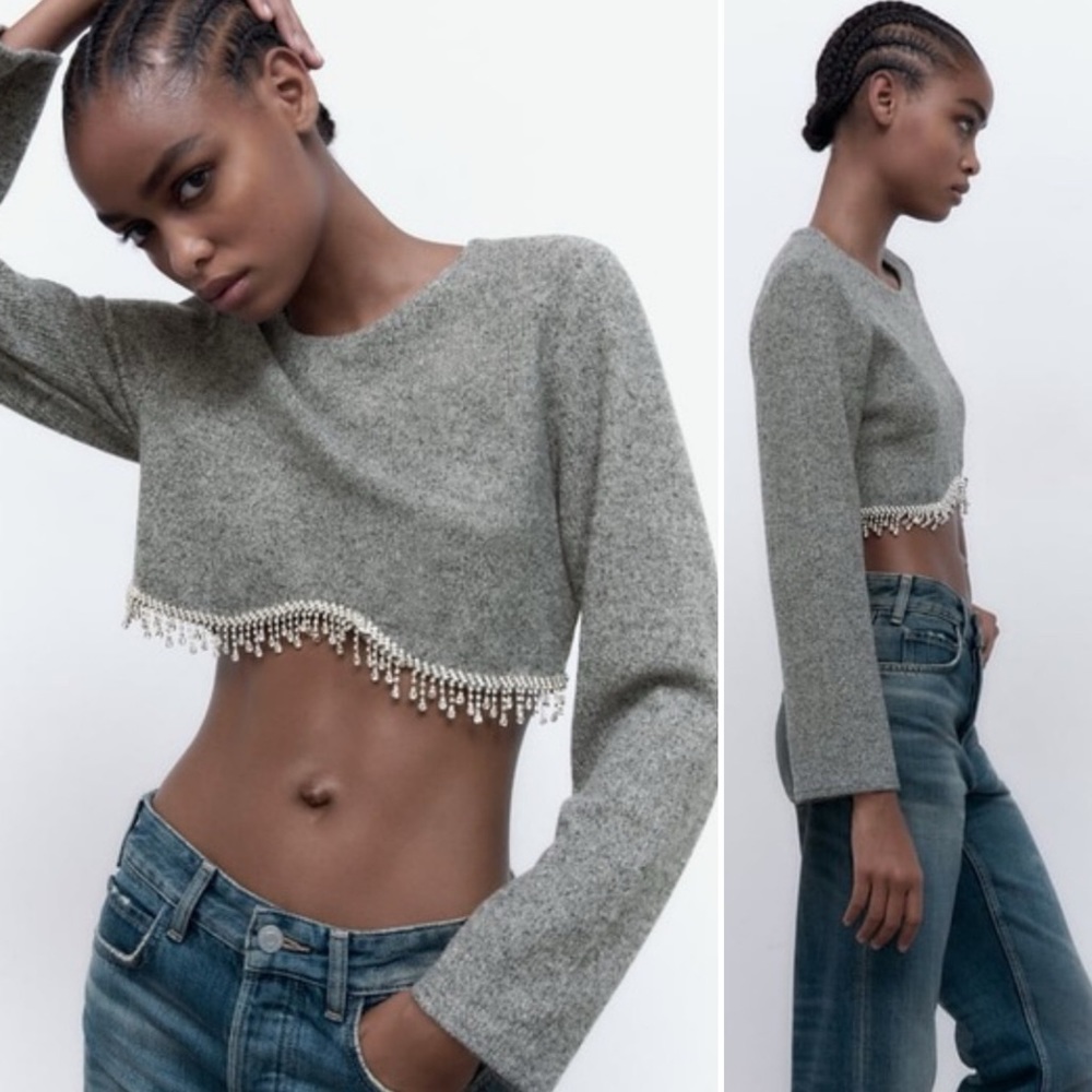 Zara Bloggers Fav Gray Marled Soft Sweatshirt with Jewel Fringe Bottom